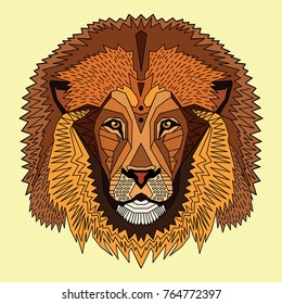 Wild lion, consisting of geometric shapes and lines. Lion's muzzle on a pale yellow background. Decorative stylization.