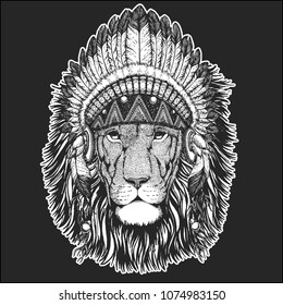 Wild lion Cool animal wearing native american indian headdress with feathers Boho chic style Hand drawn image for tattoo, emblem, badge, logo, patch