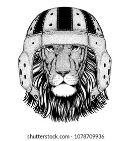 Wild lion Cool animal wearing rugby helmet Extreme sport game