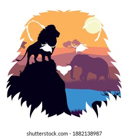 wild lion and elephant fauna silhouettes scene vector illustration design