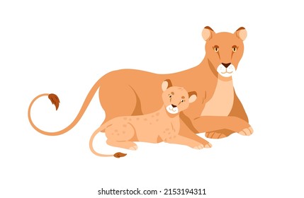 Wild lion family, mother and baby. Lioness and little lionet lying, resting together. Jungle carnivorous feline animals, mom and kid. Flat vector illustration isolated on white background
