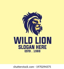 wild lion head logo, drawing abstract lion in dark blue color, vector illustrations
