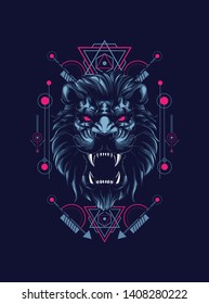wild lion head with sacred geometry pattern