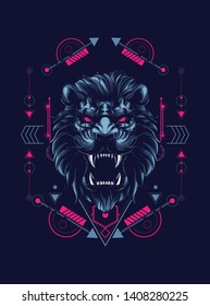 wild lion head with sacred geometry pattern