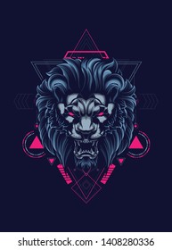 wild lion head with sacred geometry pattern