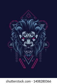 wild lion head with sacred geometry pattern