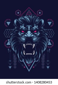 wild lion head with sacred geometry pattern