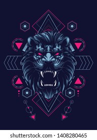 wild lion head with sacred geometry pattern