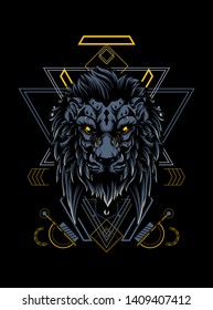 The wild lion head with sacred geometry pattern