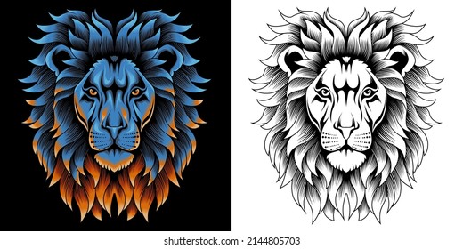 wild lion head vector illustration in neon color style