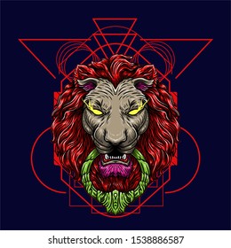 wild lion illustration with sacred geometry