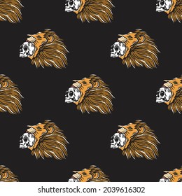 wild lion seamless pattern eating skull