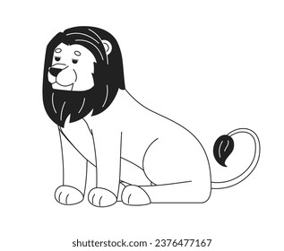 WIld lion sitting monochromatic flat vector character. Spirit animal. Editable thin line full body animal on white. Simple bw cartoon spot image for web graphic design