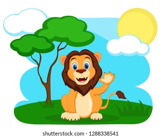 Wild lion sitting in nature and waving his paw.