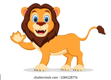 Wild lion smiling and waving his paw on a white background. Cartoon character
