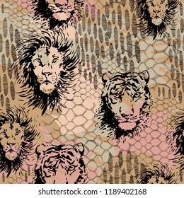 Wild lion and tiger. Animal vector seamless pattern.