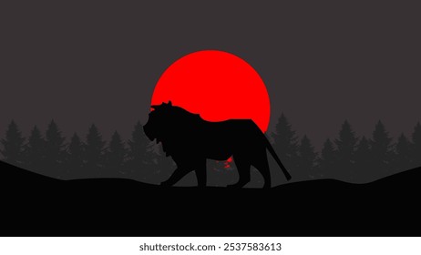 Wild Lion With  Trees and Red Sun