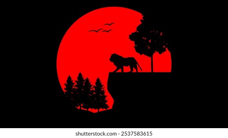 Wild Lion With  Trees and Red Sun