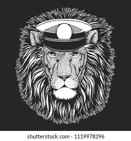 Wild lion. Vector print for children. Capitan, pirate animal. Brave sailor. Design for kindergarten, school kids clothing, t-shirts.