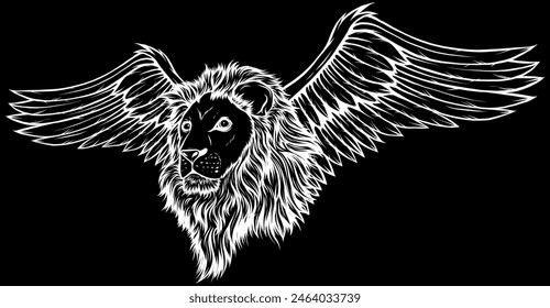 Wild Lion Vector in white line on black background