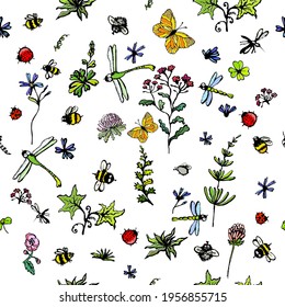 Wild little flowers with insects. A seamless background. Vector illustration