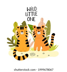 wild little one. cartoon tiger, hand drawing lettering. flat style, colorful vector for kids. baby design for cards, poster decoration, print