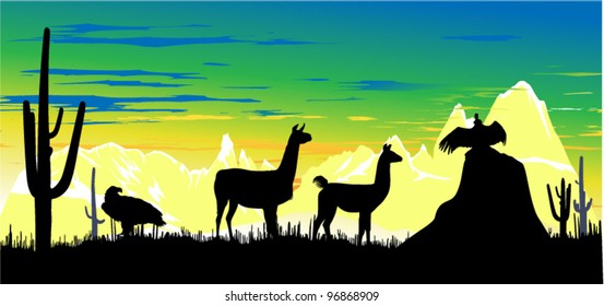 Wild llama, eagle and vulture against the backdrop of a colorful sky