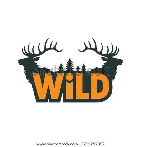 Wild logo with deer antlers and trees silhouette on