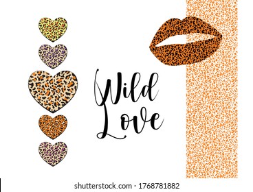 Wild love - horizontal poster template with lips and hearts with animal print texture and handwritten text