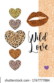 Wilde Liebe - vertikale Plakatvorlage mit Lippen und Herzen mit tierischen Texturen und handgeschriebenem Text