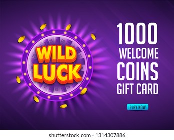 Wild Luck text with golden coins on purple rays background for Casino gift card or coupon design.