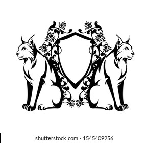 wild lynx cat guarding heraldic shield among rose flowers - vintage style floral coat of arms black and white vector design