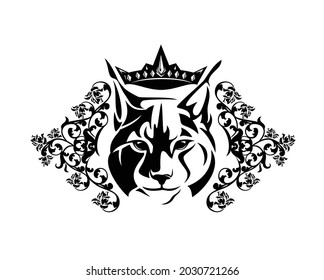 wild lynx cat wearing royal crown among rose flowers heraldic decor - black and white vector bobcat coat of arms design