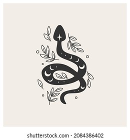 Serpiente mágica salvaje entre las hojas. Símbolo de magia. Ilustración vectorial. Serpiente con un patrón punteado