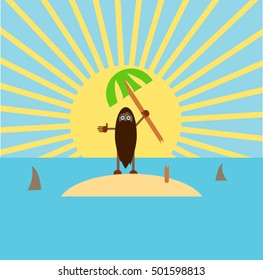 a wild man with a beard on a desert island with a palm tree and sharks - crashed tourist survives a funny cartoon flat illustration