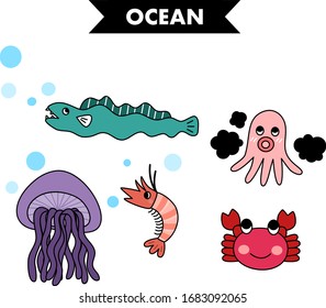 Wild marine animals and fish in the deep ocean. Ocean world, Sea world, cute flat doodle underwater creatures illustration, natural habitat, undersea life. Cartoon vector.
