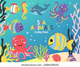Wild marine animals. Inhabitants of the sea, cute, funny underwater crabs, octopus, seahorse. Flat cartoon illustration. Underwater scene with sea life