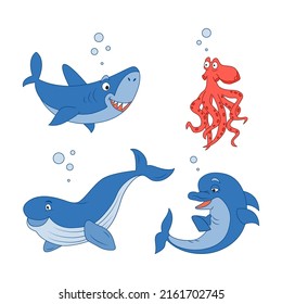 Wild marine animals are isolated on white background. Inhabitants of the sea world, cute, funny underwater creatures dolphin, shark, octopus, whale. Flat cartoon illustration.