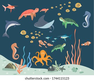 Wild marine animals in ocean. Flat style of cartoon character underwater. Cute underwater creatures. Vector. Illustration.