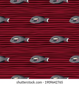 Naturaleza marina silvestre sin fisuras con ornamento de peces de cirujano gris garabato. Fondo rayado. Fondo decorativo para el diseño de tejidos, impresión textil, envoltura, cubierta. Ilustración del vector