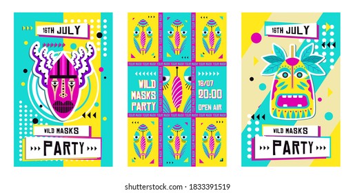 Wild mask party invitation cards design set. Traditional bright tribal masks in boho style vector illustration. Text, time and date samples. Template for announcement posters or flyers