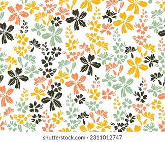 Wild meadow buttercup flowers repeat pattern vector illustration. Ditsy beautiful motif. Shabby chic fabric print with flower truss elements. Buttercups blossom spring print.