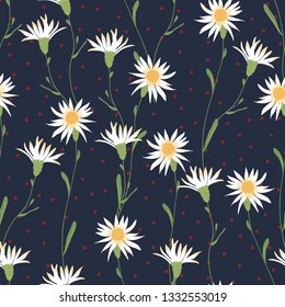 Wild meadow floral seamless pattern. Blooming botanical motifs scattered random. Color vector texture. Fashion, fabric, wallpaper, print. Hand drawn blossom flowers on blue background with polka dots