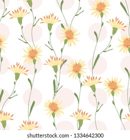 Wild meadow floral seamless pattern. Color vector texture. Blooming botanical motifs scattered random. Fashion, fabric, wallpaper, print. Hand drawn blossom flowers on white background with polka dots
