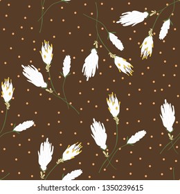 Wild meadow floral seamless pattern. Blooming botanical motifs scattered random. Color vector texture. Fashion, fabric, wallpaper, print. Hand drawn blossom flowers on brown background with polka dots