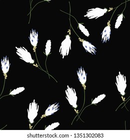 Wild meadow floral seamless pattern. Blooming botanical motifs scattered random. Color vector texture. Fashion, fabric, wallpaper, print. Hand drawn blossom white flowers on black background