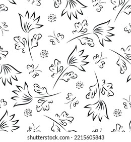 Wild meadow flower and butterfly seamless vector pattern background. Scattered flowers and butterflies black white backdrop.Monochrome painterly outline botanical design. Garden floral for summer