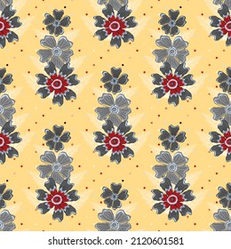 Flor de pradera silvestre sin costuras fondo de patrón vectorial. Vintage línea floral fondo de arte con flores dibujadas a mano y hojas en la textura de puntos polka. Elegante diseño botánico repetido en amarillo, rojo, verde