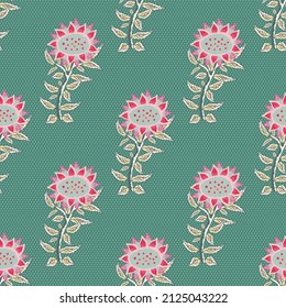 Wild meadow flower seamless vector pattern background. Vintage Indian floral inspired backdrop with hand drawn flowers and leaves on polka dot texture. Elegant botanical 18th century style repeat