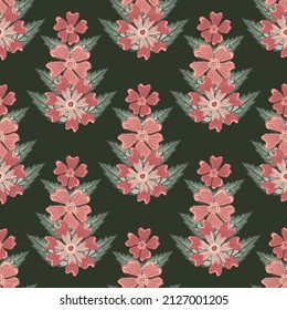 Wild meadow flower seamless vector pattern background. Vintage floral line art backdrop with hand drawn flowers on stems with striped texture. Elegant botanical repeat design in red, green, blue